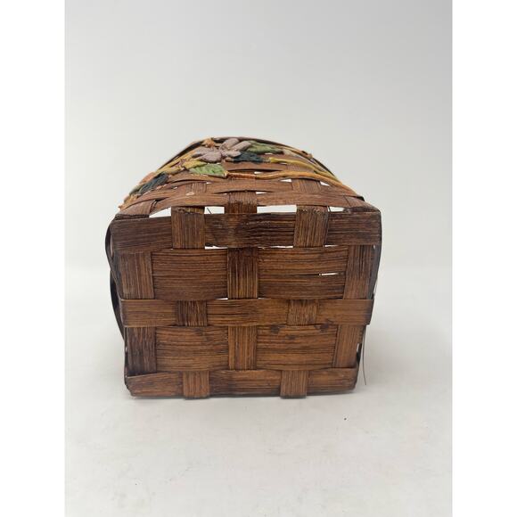 Small Brown Wicker Basket w/Handmade Pink‎ Yellow Purple Clay Flowers - Picture 7 of 7